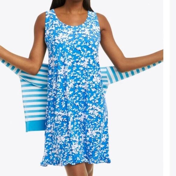 Draper James Ruffle Shadow blue white Floral Dress womens small medium - Picture 1 of 7